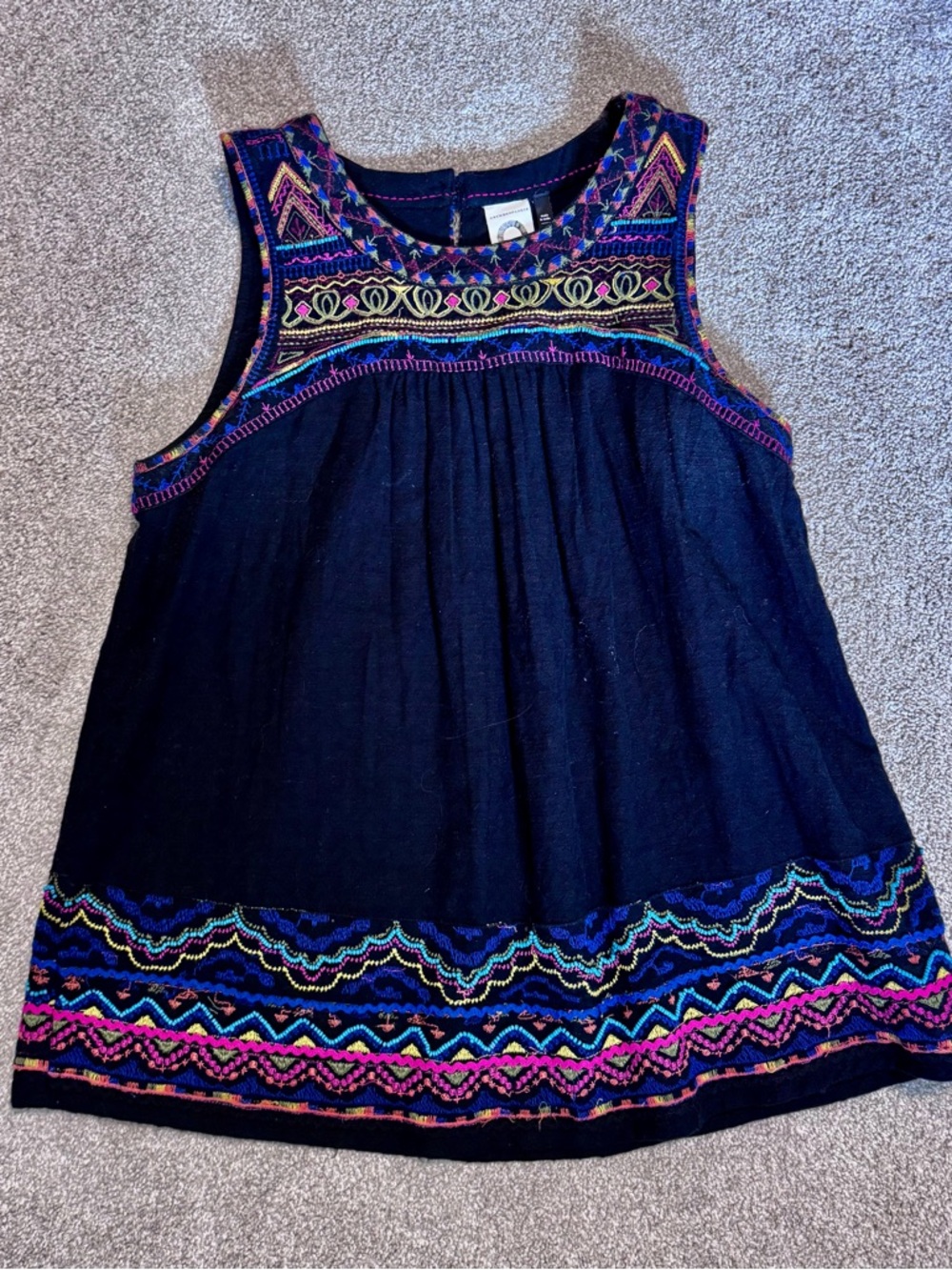 Anthropologie Black Tank Top with Multicolor Embroidered Yoke and Hem